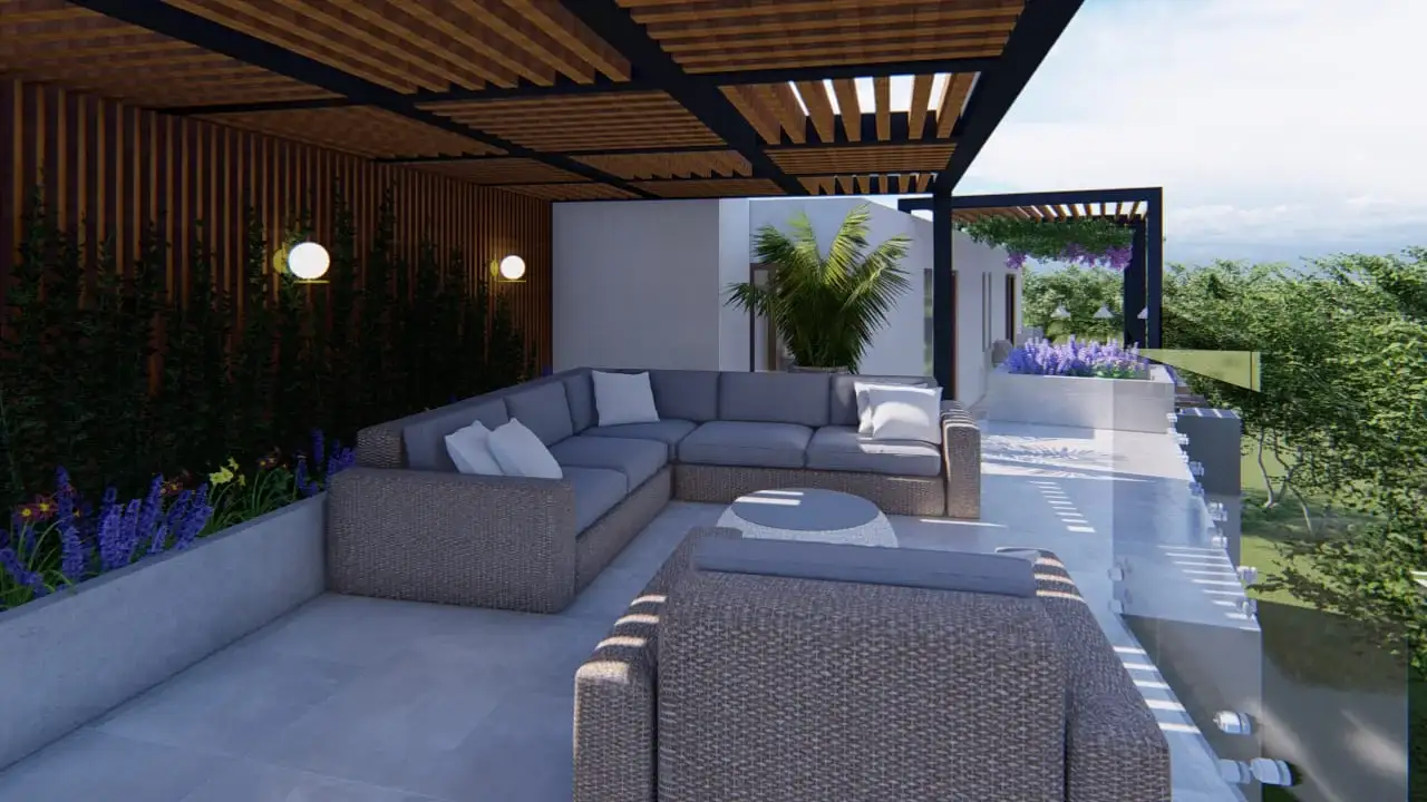 sala con 2 muebles en terraza, uno en forma de L y otro para una persona