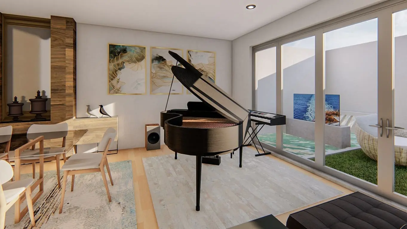 sala con 2 muebles en terraza, uno en forma de L y otro para una persona