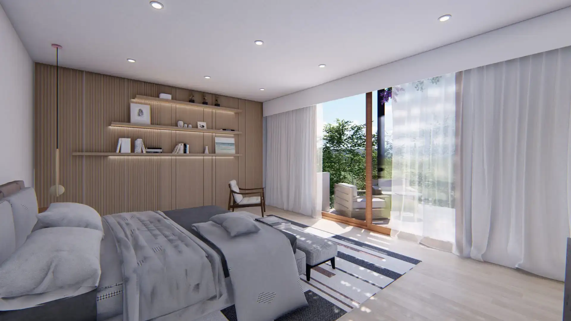dormitorio minimalista, cama de colores blancos