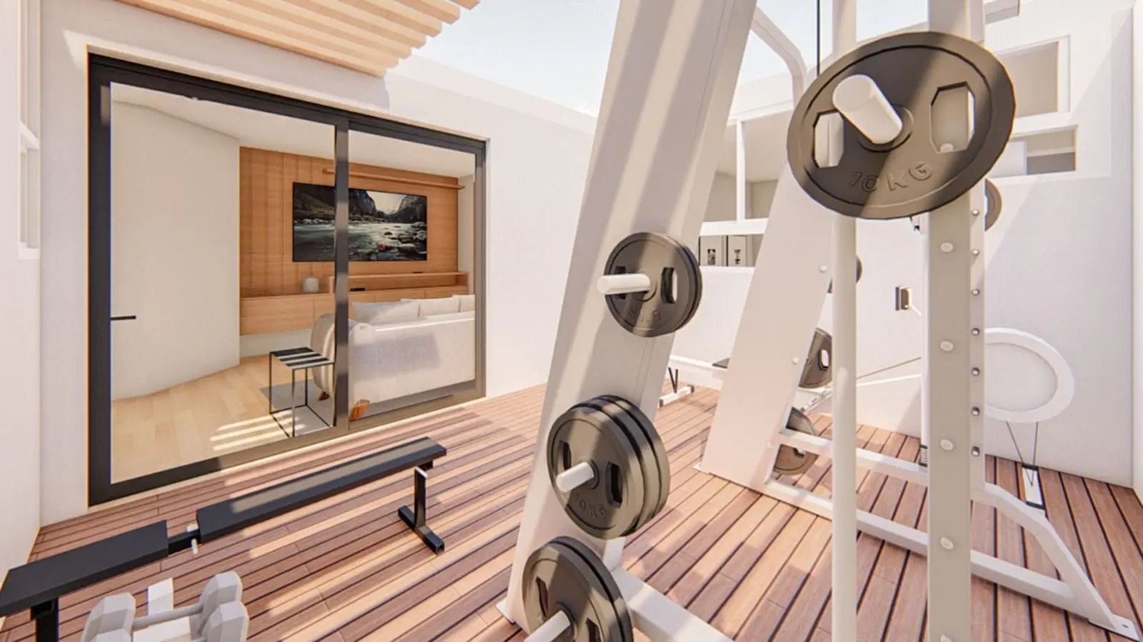 sala con 2 muebles en terraza, uno en forma de L y otro para una persona