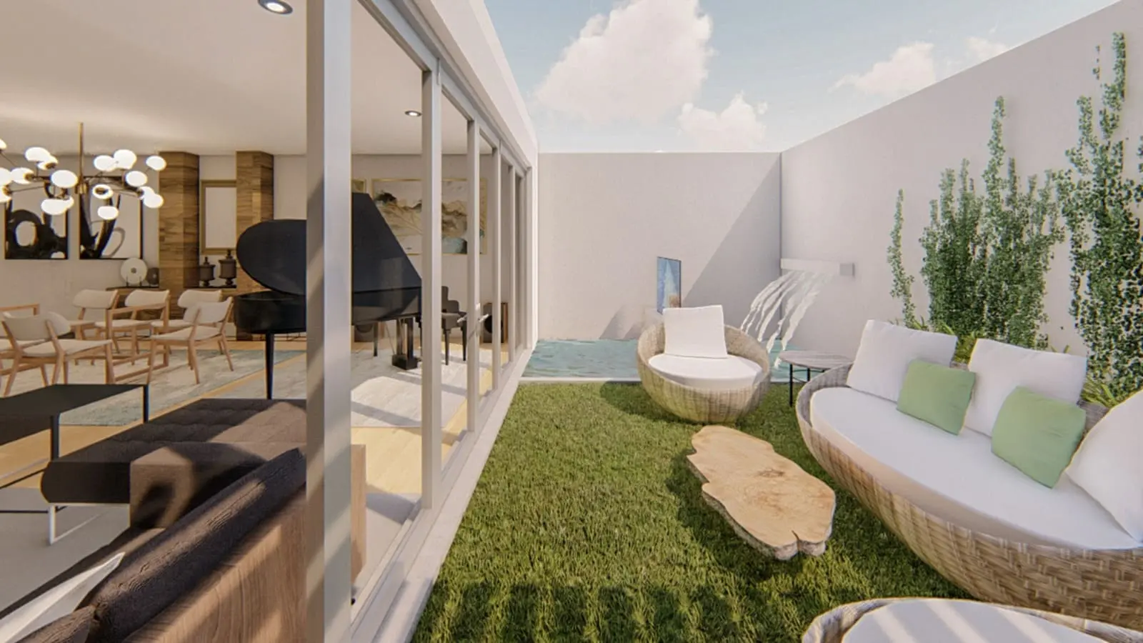 sala con 2 muebles en terraza, uno en forma de L y otro para una persona