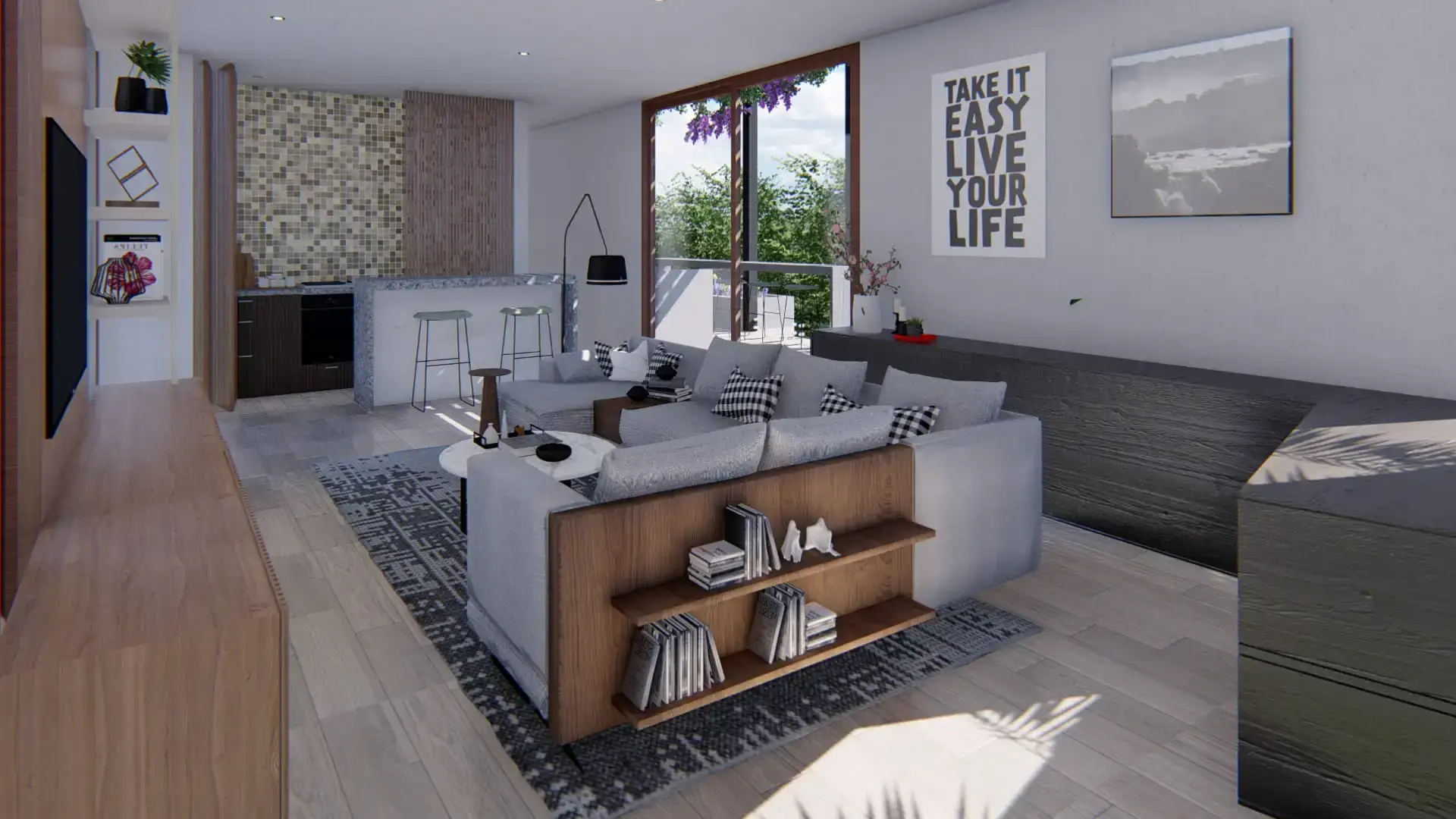 sala minimalista con muebles de madera