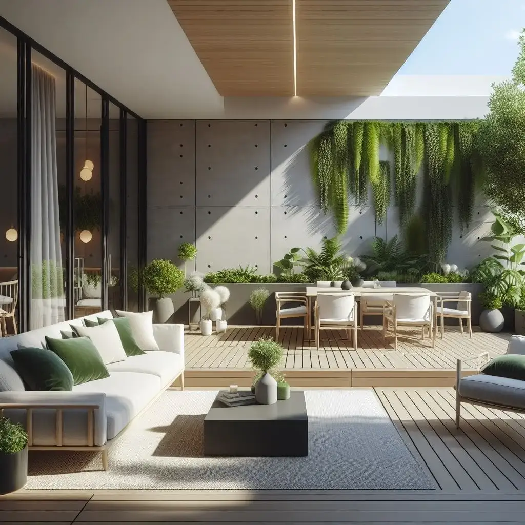 terraza de colores blancos con varios muebles, sillas y plantas